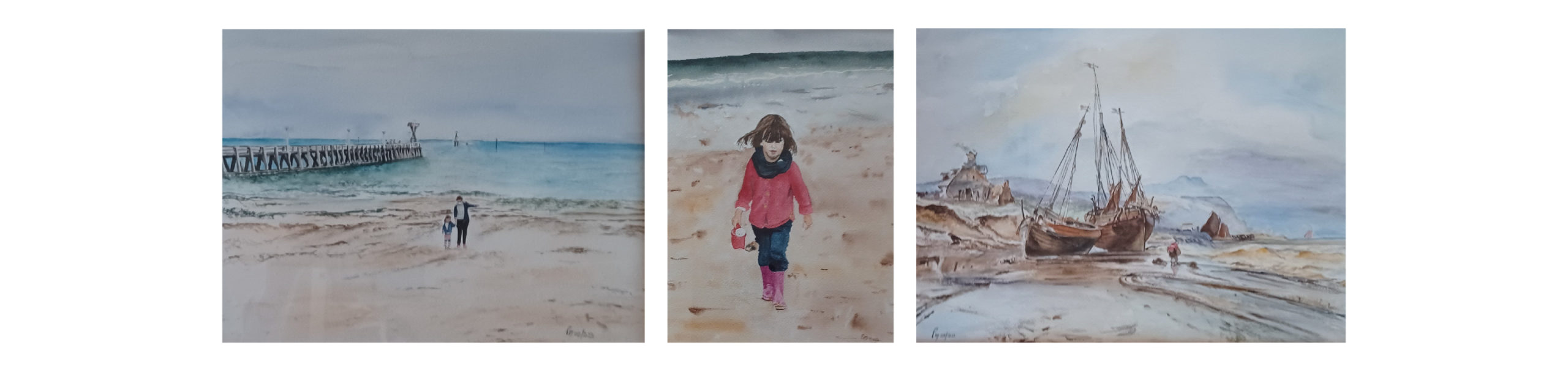 Peintures plage Courseulles sur mer avec la jetée, enfent qui marche sur le sable avec un manteau rouge et peinture d'un bateau échoué sur une plage 